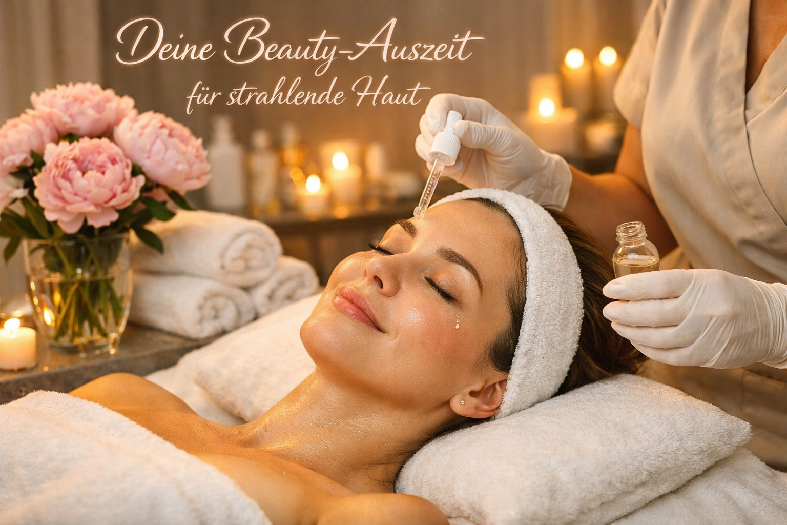 Detailed () image showing a cozy, luxurious beauty studio setting with a woman relaxing on a treatment bed, eyes closed with