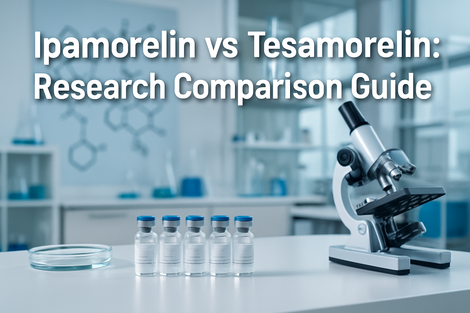 Professional landscape hero image (1536x1024) featuring bold text overlay 'Ipamorelin vs Tesamorelin: Research Comparison Guide' in extra la