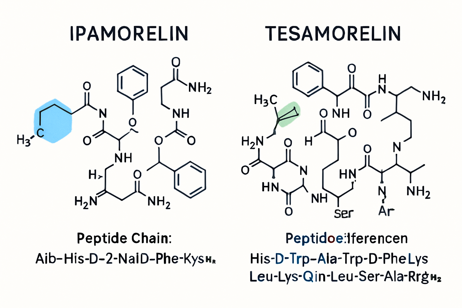Scientific infographic showing molecular structures of ipamorelin and tesa side by side, with labeled peptide chains, amino acid sequ
