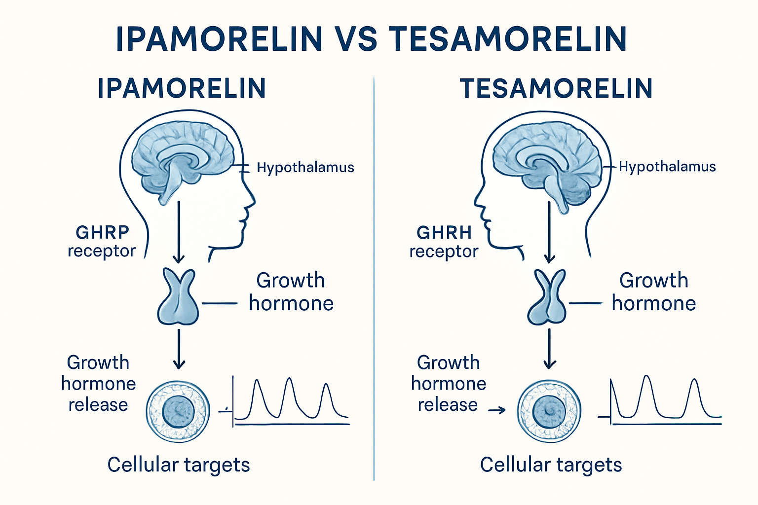 Research comparison chart displaying mechanism of action differences between ipamorelin and tesa, showing GHRH receptor pathways, gro