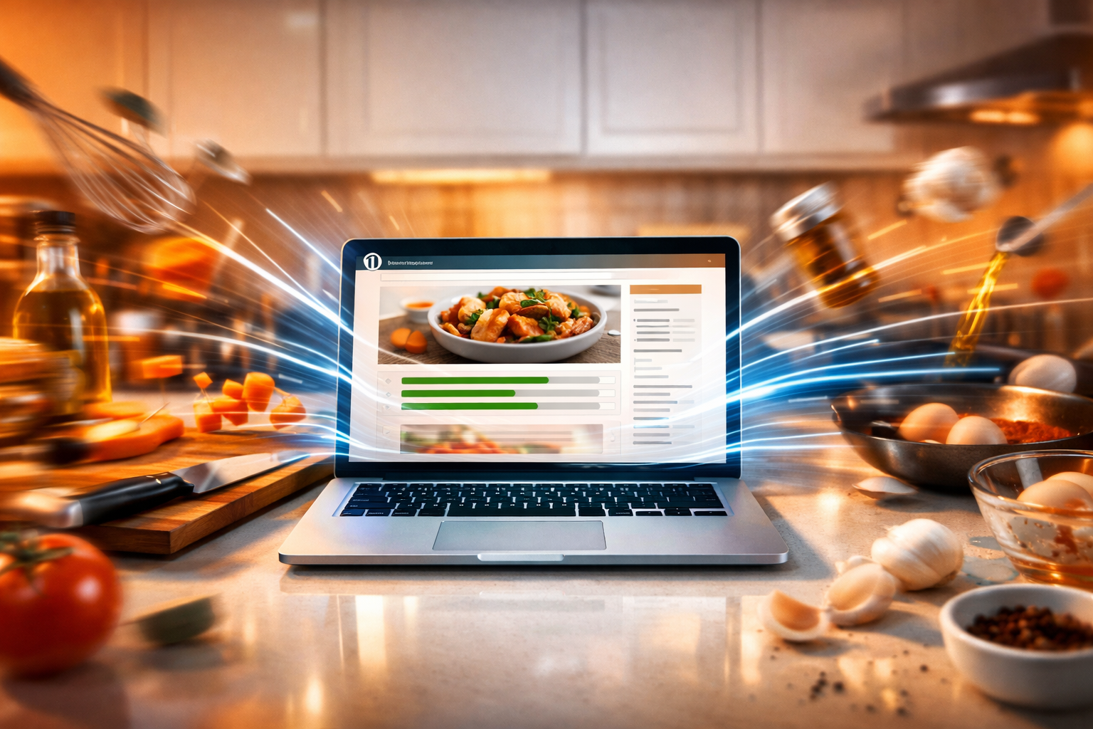 Professional () hero image depicting a stylized digital kitchen counter with a laptop open to a WordPress recipe site,