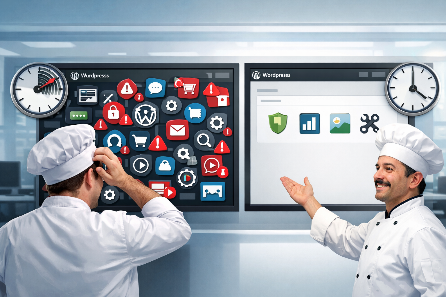 Confused chef looking at cluttered WordPress dashboard with many plugin icons, contrasting with a clean, minimalist dashboard.