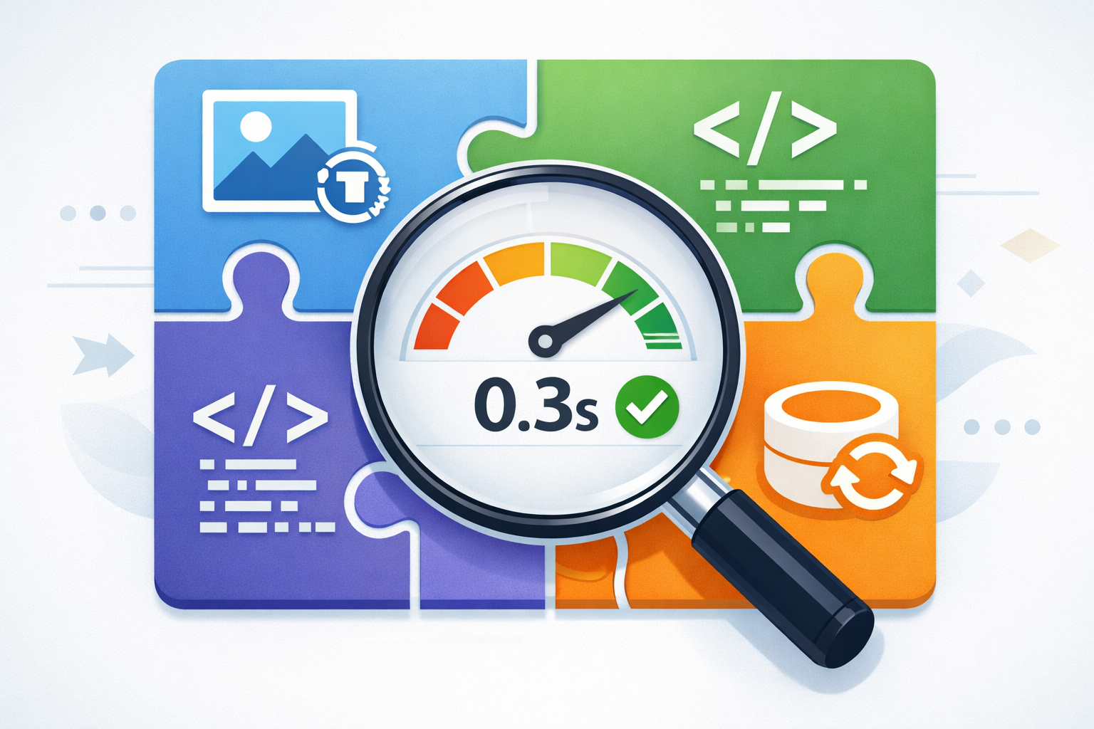 Magnifying glass over a website speed test showing low loading time, with optimized images, minified code, and cache icon as puzzle pieces.