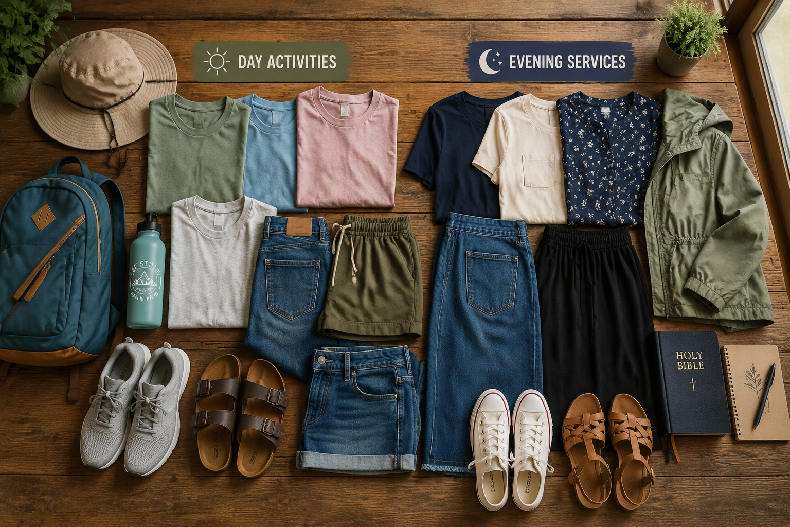 () editorial image showing flat lay composition of essential church camp clothing items arranged neatly on rustic wooden