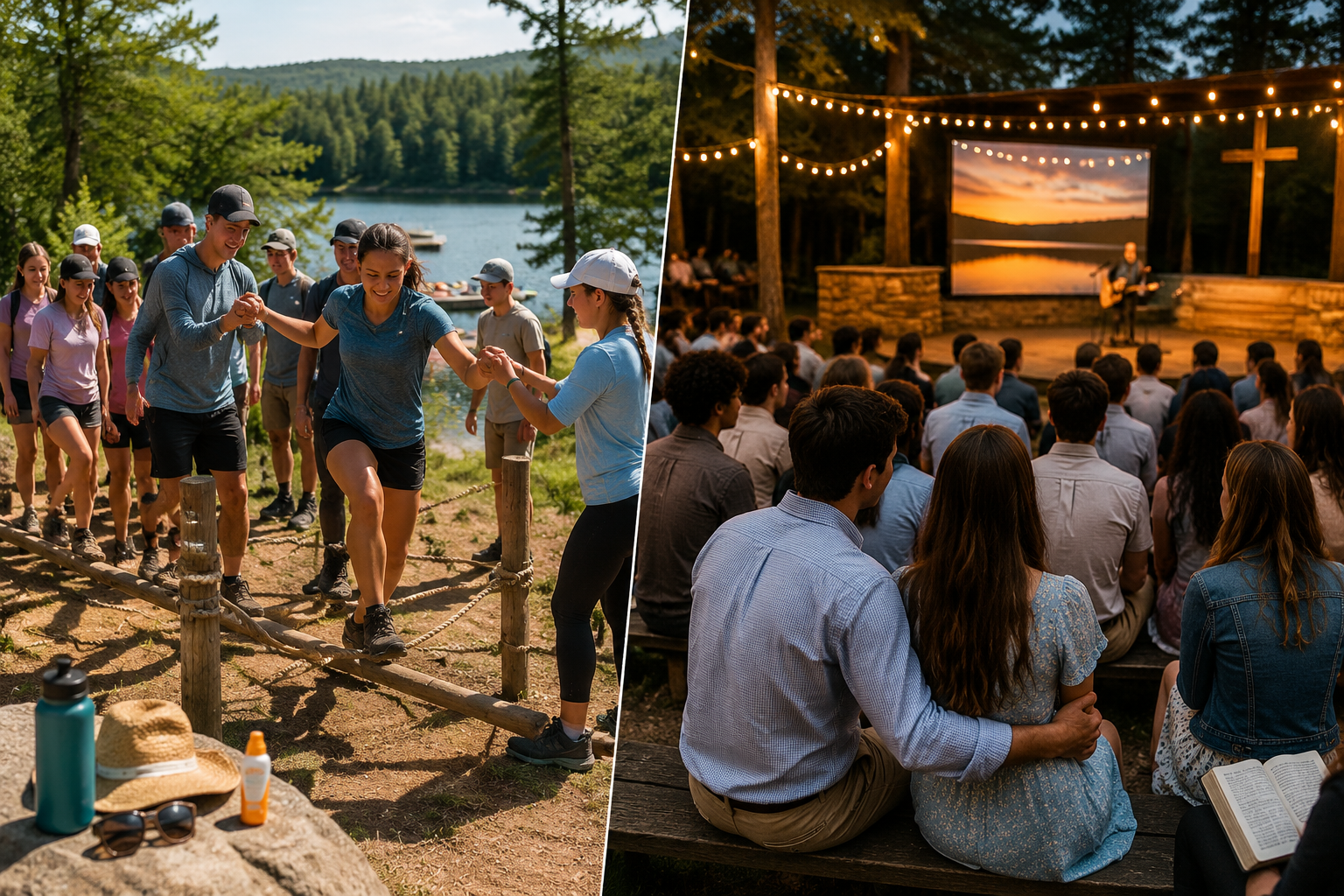 () split-scene editorial image showing two distinct church camp scenarios side by side. Left side: daytime outdoor