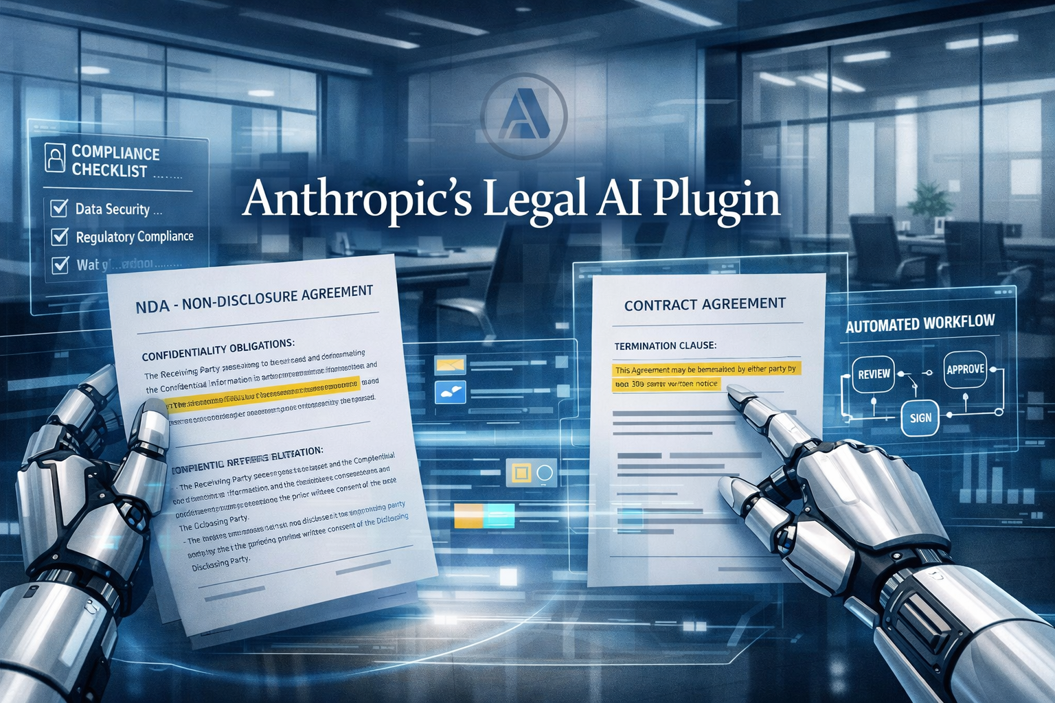 Landscape format (1536x1024) editorial image showing futuristic AI interface with legal documents being processed by robotic hands, contract
