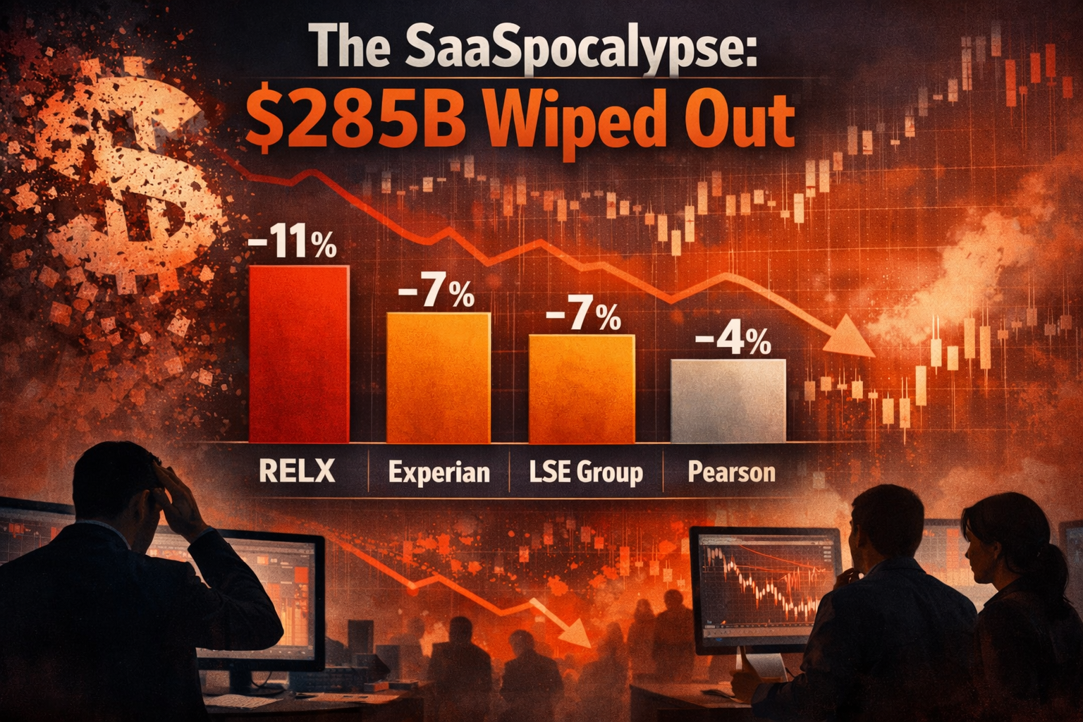 Landscape format (1536x1024) financial infographic showing stock price decline visualization: vertical bar chart displaying percentage drops