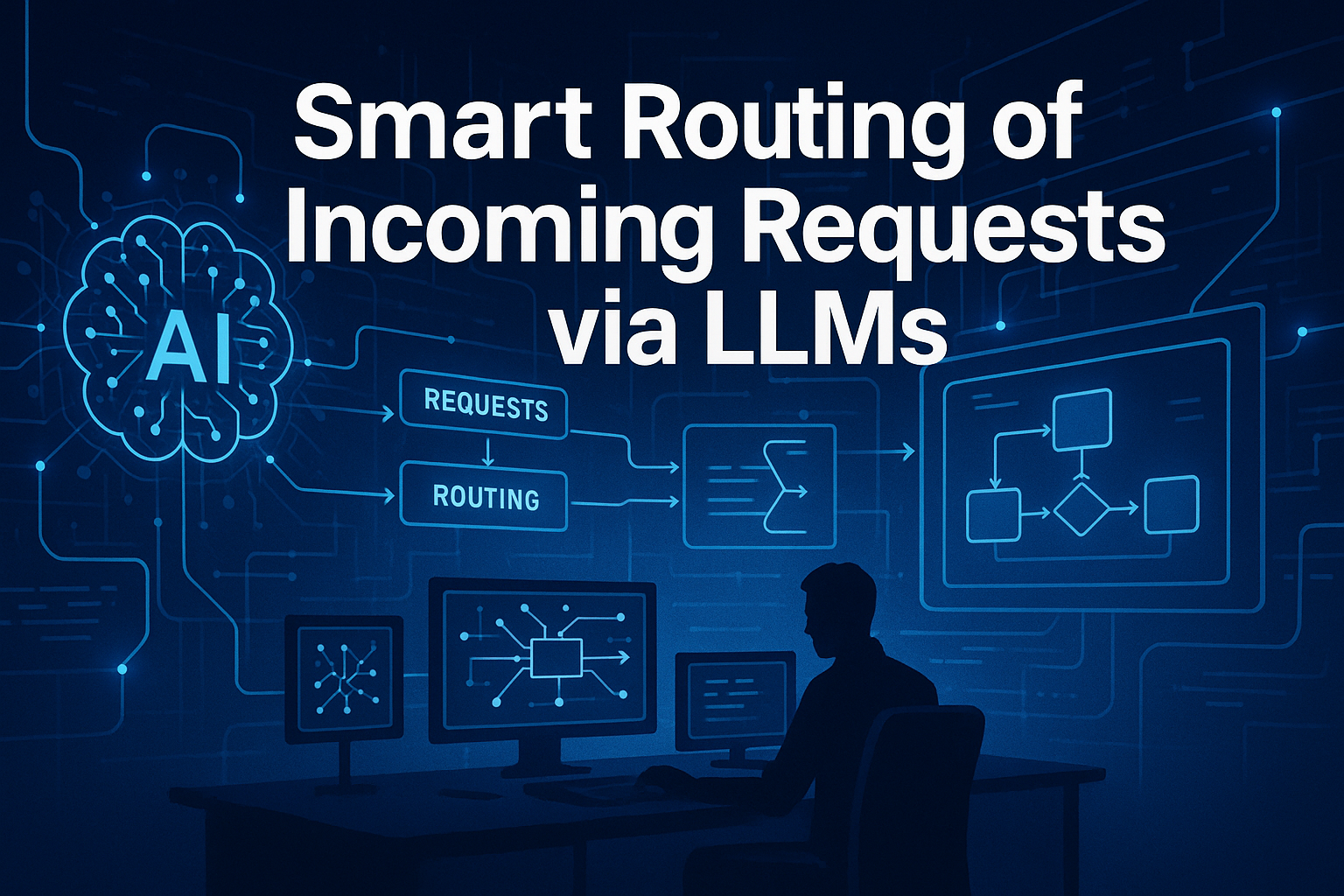 Professional landscape hero image (1536x1024) featuring bold text overlay 'Smart Routing of Incoming Requests via LLMs' in extra large 72pt 