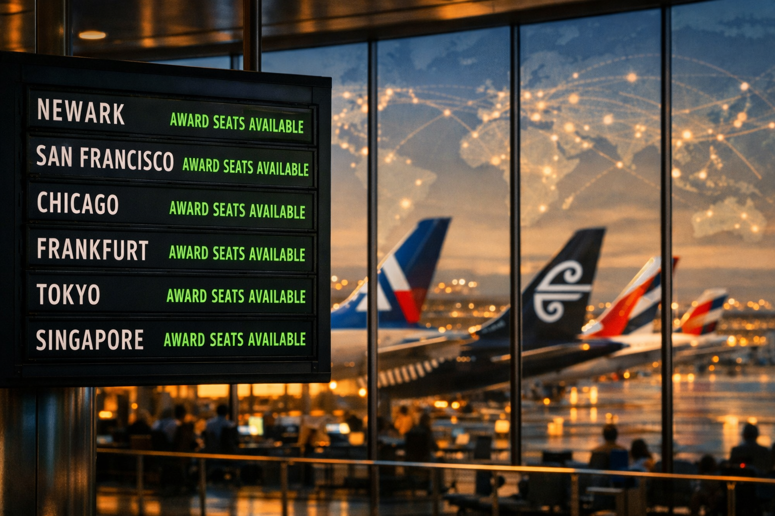 Landscape editorial photograph (1536x1024) depicting airport gateway hub concept with layered visual storytelling. Foreground shows illumina