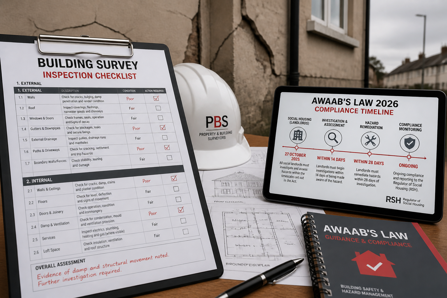 Wide-angle () showing a detailed building survey inspection checklist document spread across a desk alongside a hard hat,