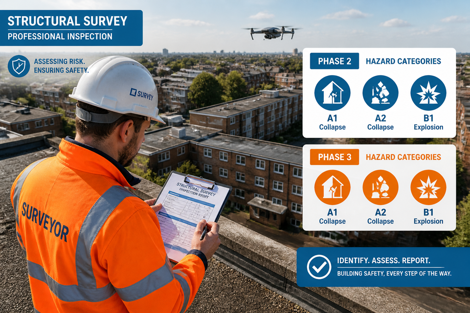 () bird's-eye view of a professional surveyor completing a structured inspection report on a clipboard while standing on a