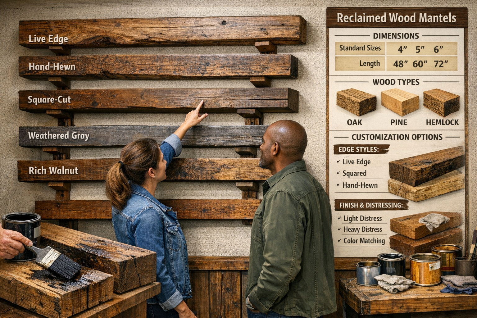 A detailed landscape image (1536x1024) illustrating the process of selecting and customizing reclaimed wood mantels. Show a diverse range of