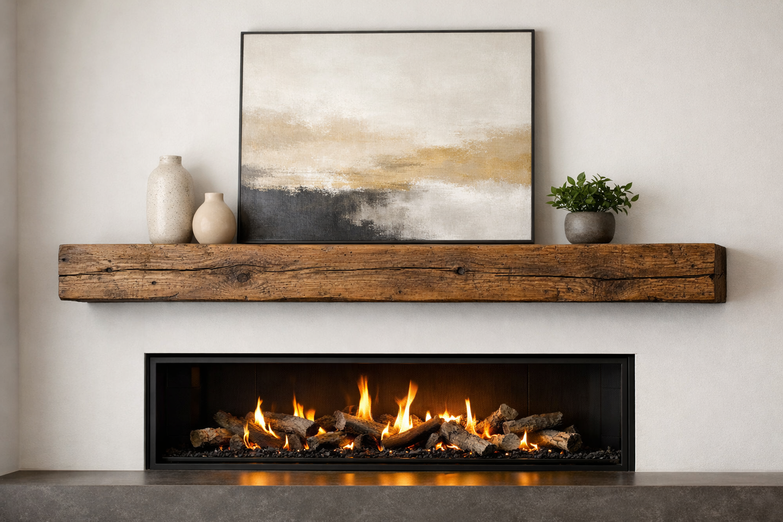 An inspirational landscape image (1536x1024) demonstrating a stunning reclaimed wood mantelpiece expertly installed above a contemporary gas