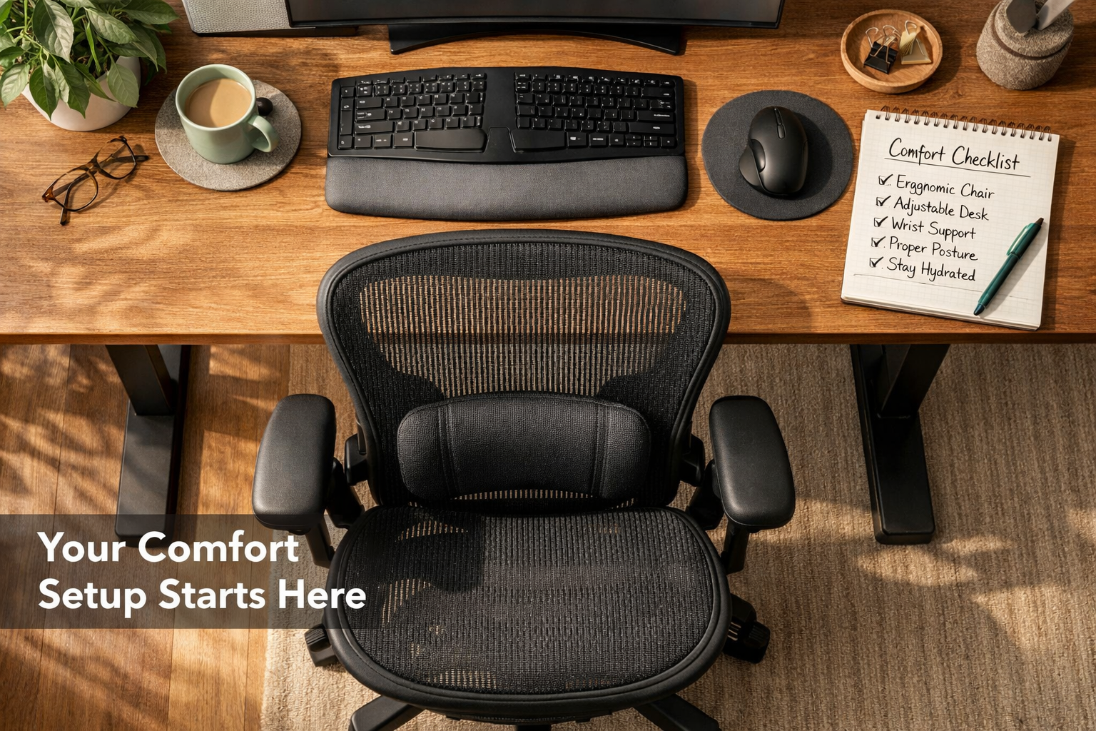 Best Office Chairs For Comfort image showing a top-down flat-lay perspective of a modern ergonomic office workspace: a premium mesh office chair with visible lumbar support cushion, surrounded by a standing desk, ergonomic keyboard, wrist rest, and a notepad with handwritten comfort checklist. Warm natural lighting, wood-tone desk surface, green plant accent, soft shadows. Color palette: warm neutrals, sage green, and charcoal. Styled like an interior design magazine spread. Text overlay in lower-left corner reads 'Your Comfort Setup Starts Here' in 32pt bold white sans-serif with semi-transparent dark background box.