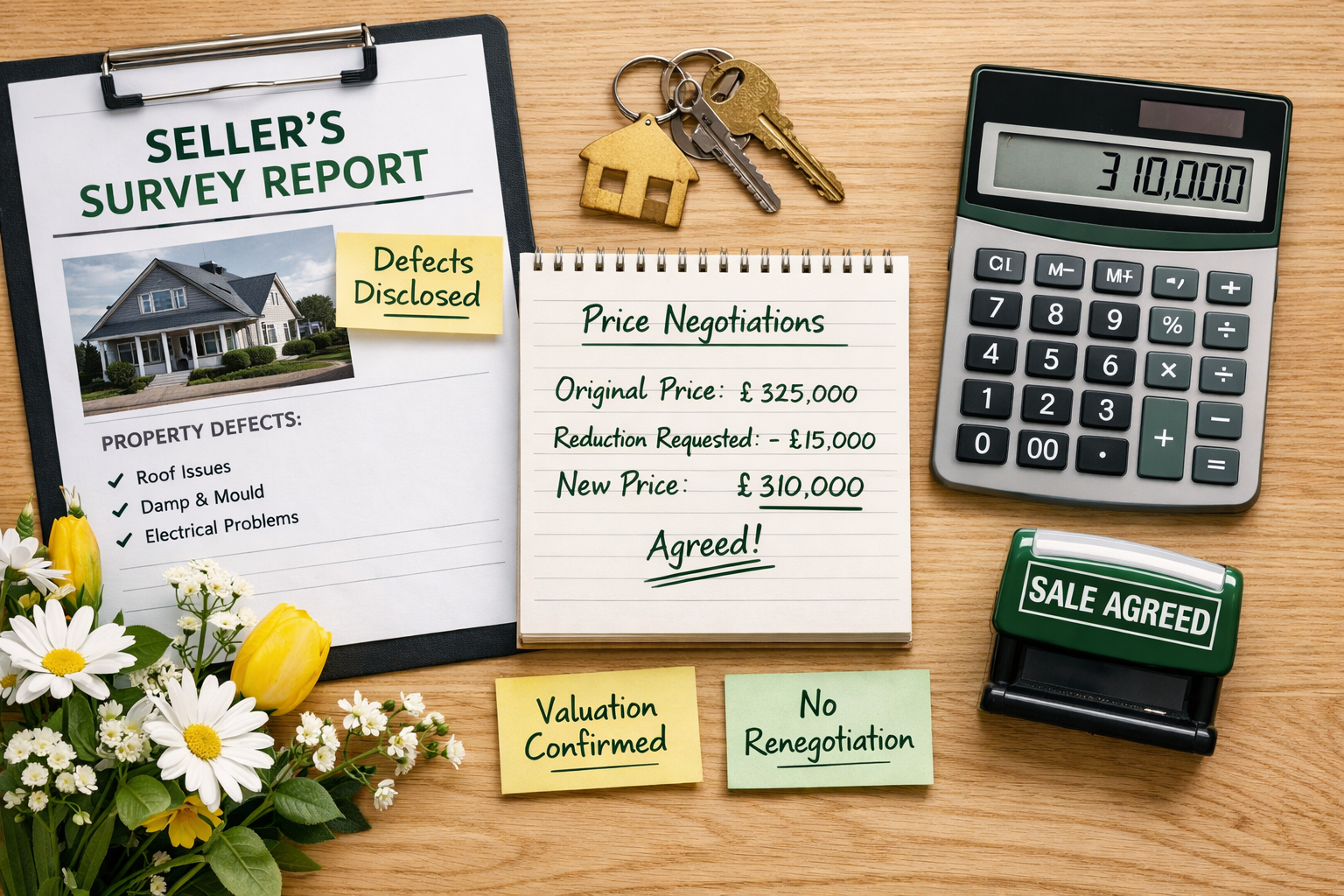 Overhead flat-lay composition showing a property transaction timeline laid out on a light oak desk: sellers survey document,