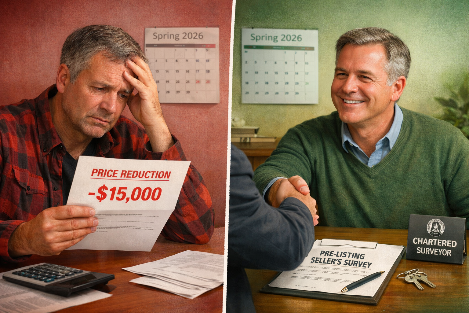 Split-screen landscape image: left side shows a stressed seller receiving a post-survey price reduction letter with red