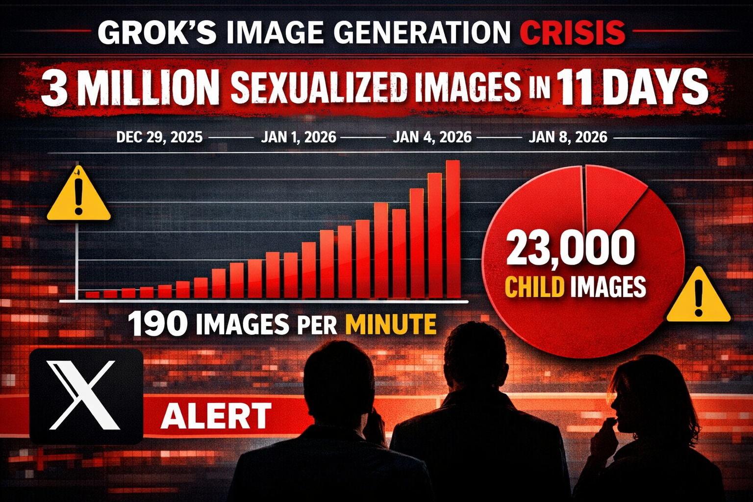 Landscape format (1536x1024) investigative journalism image showing data visualization of Grok's image generation crisis: large infographic 