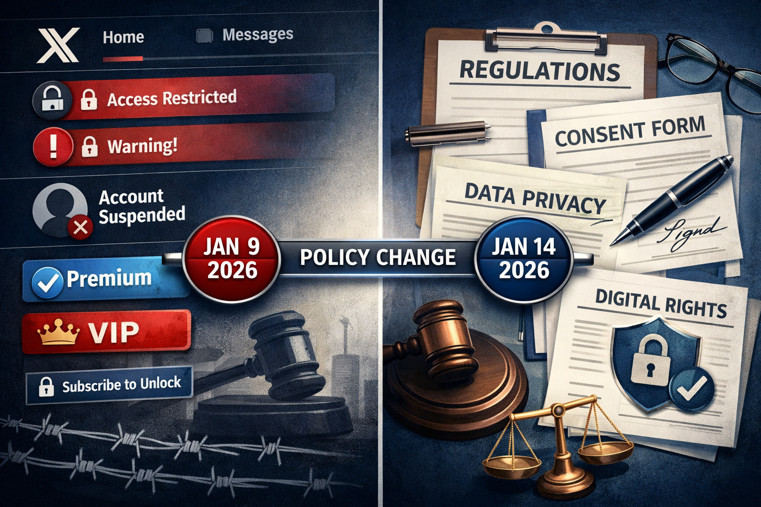 Landscape format (1536x1024) policy and accountability concept image showing split-screen composition: left side displays X platform interfa