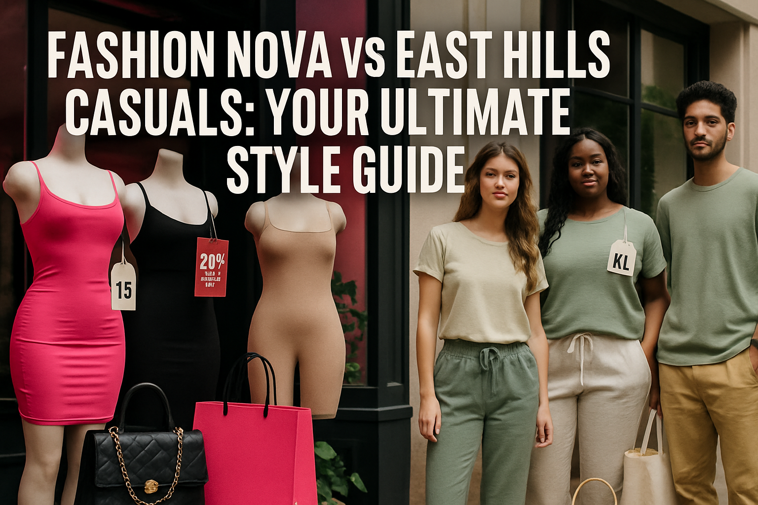 Professional landscape hero image (1536x1024) featuring bold text overlay 'Fashion Nova vs East Hills Casuals: Your Ultimate Style Guide' in