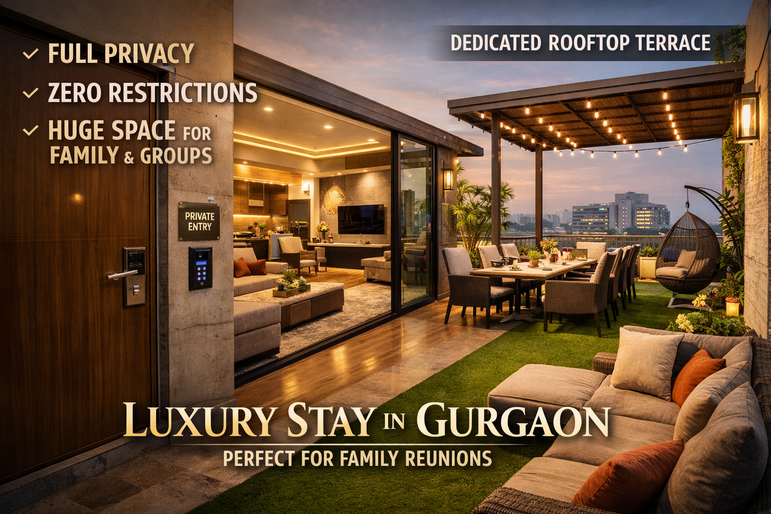 Detailed () image illustrating the specific benefits of a unique Airbnb property in Gurgaon recommended for family reunions.