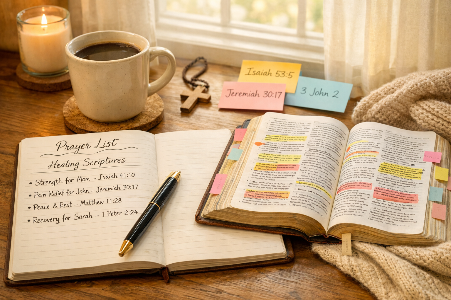 20 Uplifting Bible Quotes for Healing and Encouragement Landscape practical application image (1536x1024) featuring journal open to prayer list with healing scriptures written alongside personal r