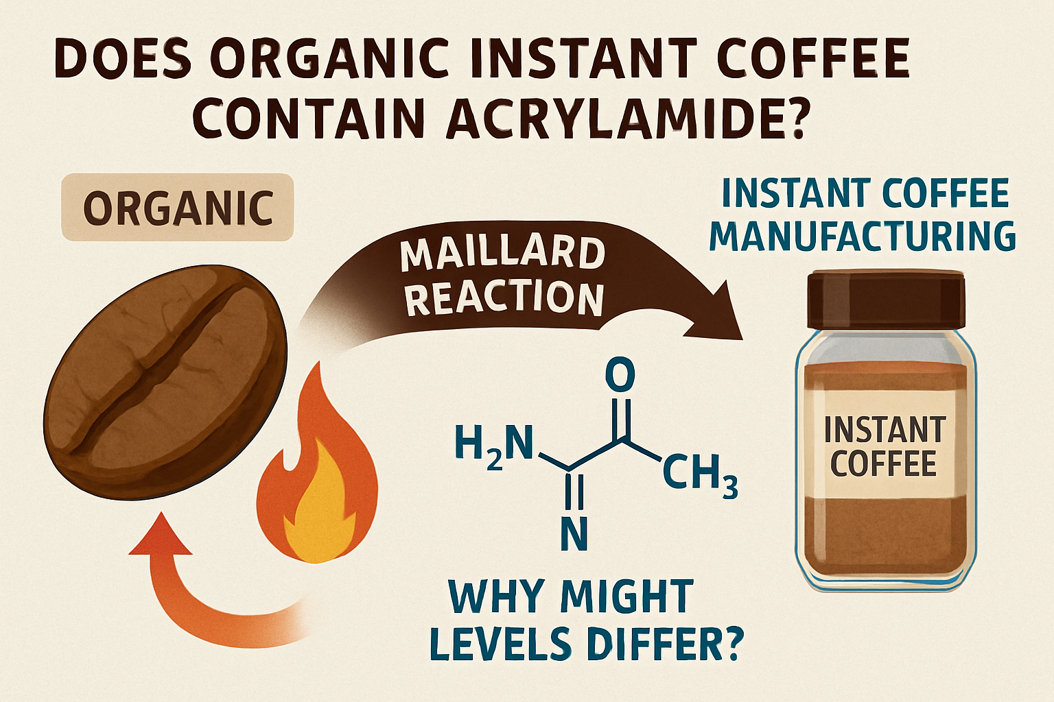 A detailed infographic (1536x1024) illustrating the acrylamide formation process in coffee roasting, specifically distinguishing between tra