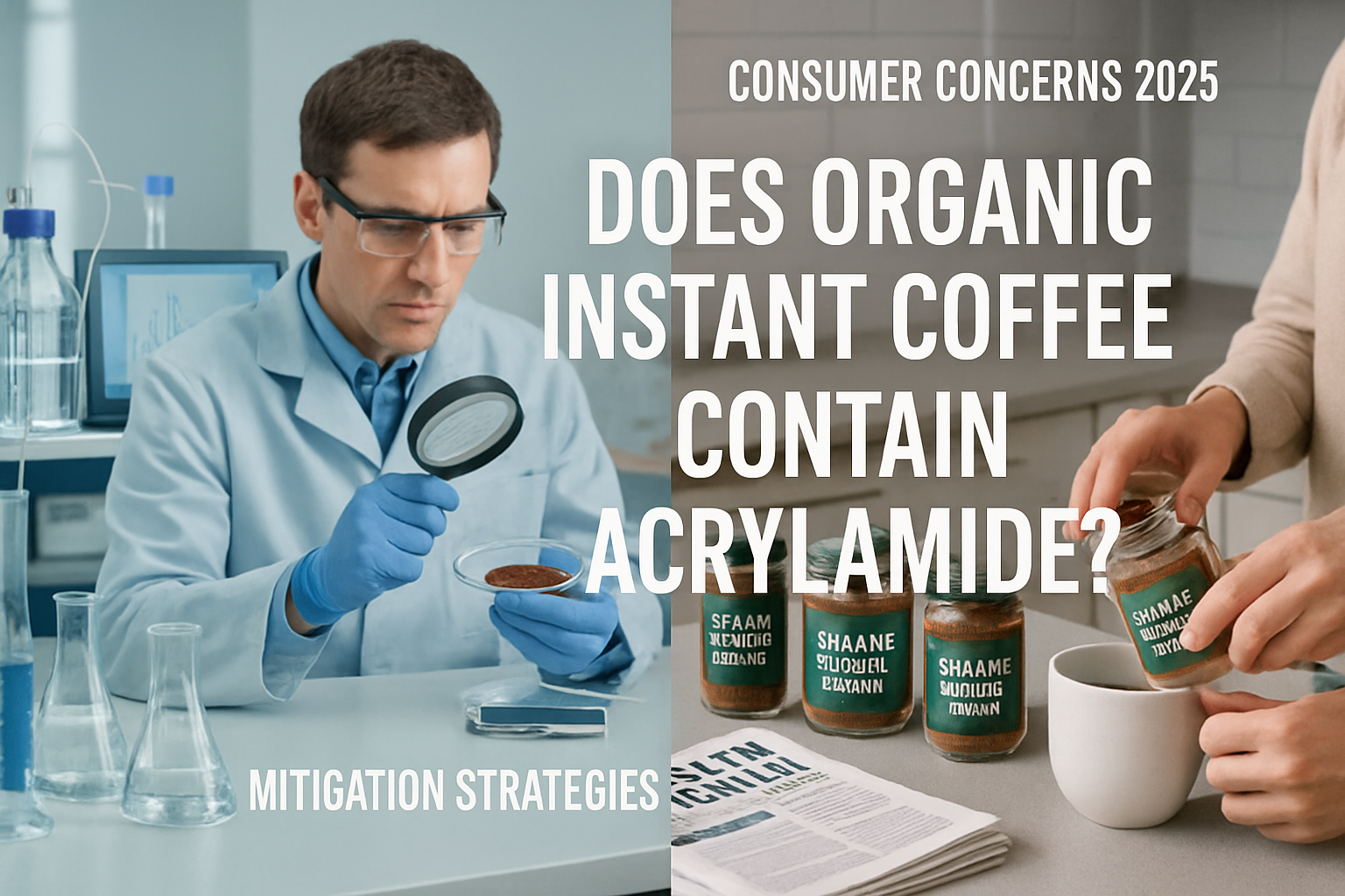 A landscape editorial image (1536x1024) featuring a composite scene: on one side, a laboratory setting with beakers, chromatography equipmen