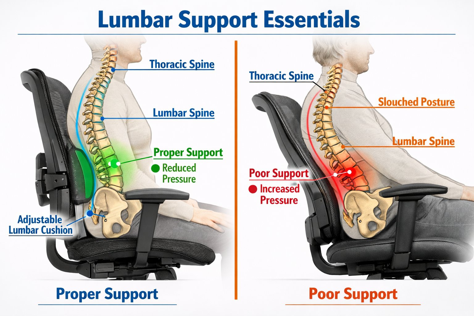 Detailed landscape image (1536x1024) showing close-up cross-section comparison of lumbar support mechanisms in budget ergonomic chairs. Left