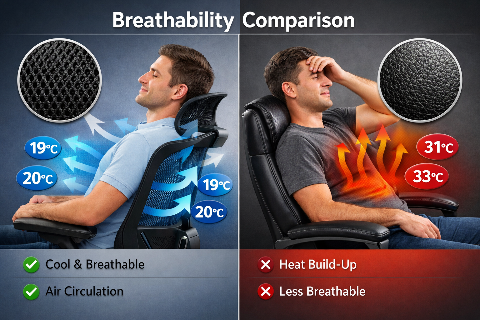 Detailed landscape image (1536x1024) featuring side-by-side comparison of mesh versus leather office chair materials. Left panel shows breat