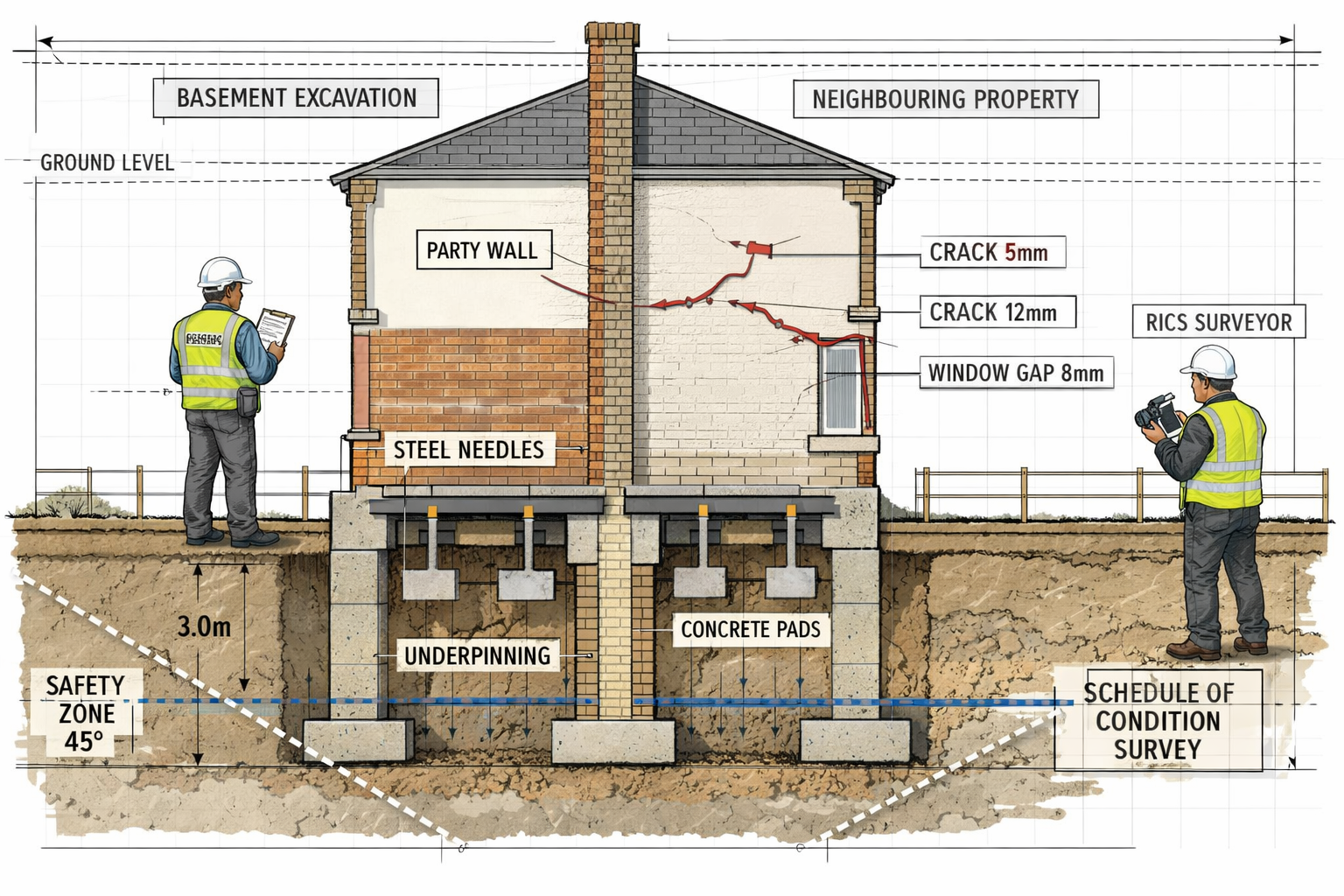 () detailed cutaway architectural diagram showing two adjoining terraced properties with shared party wall, one side