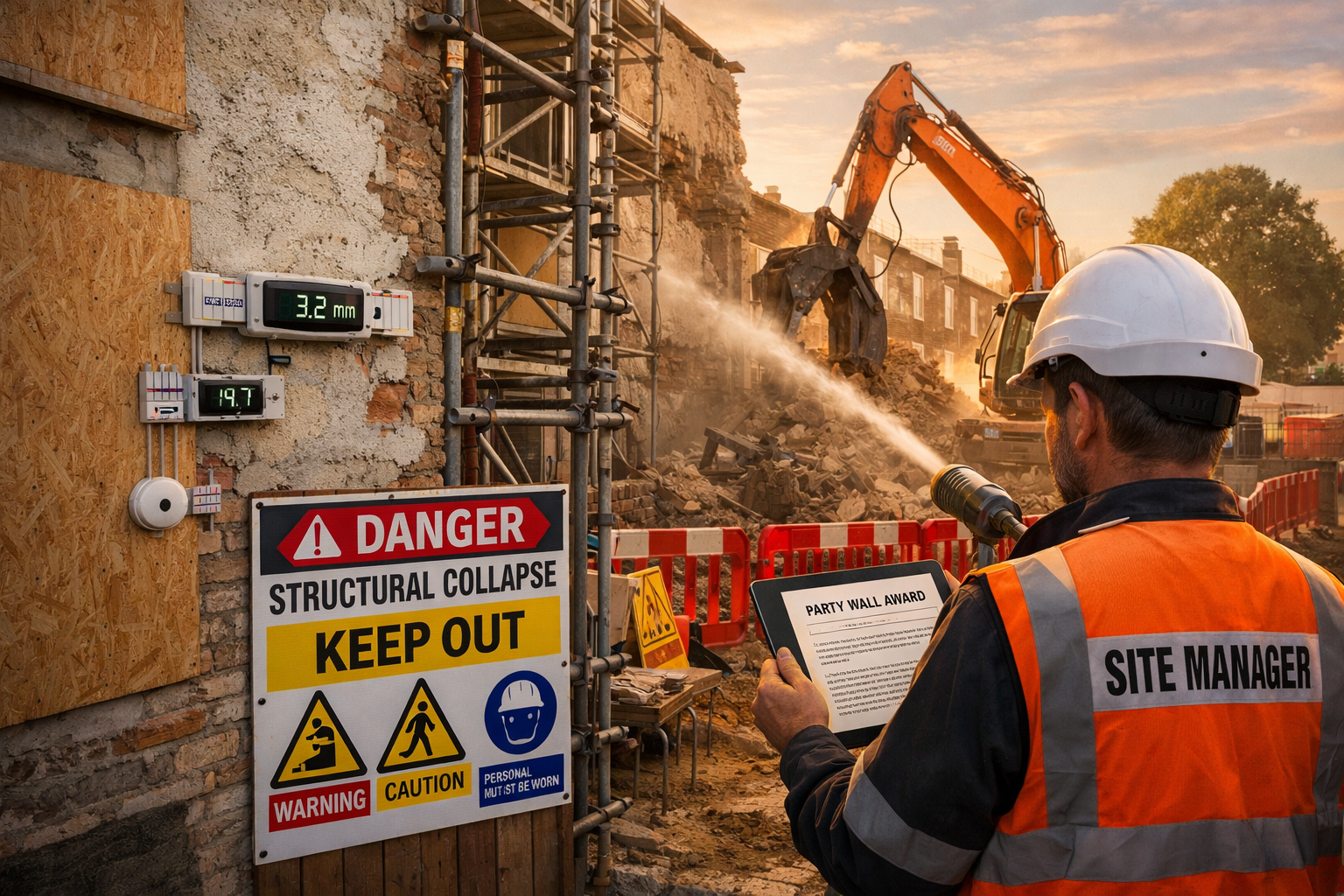 () professional construction site scene showing demolition works adjacent to occupied residential property, temporary