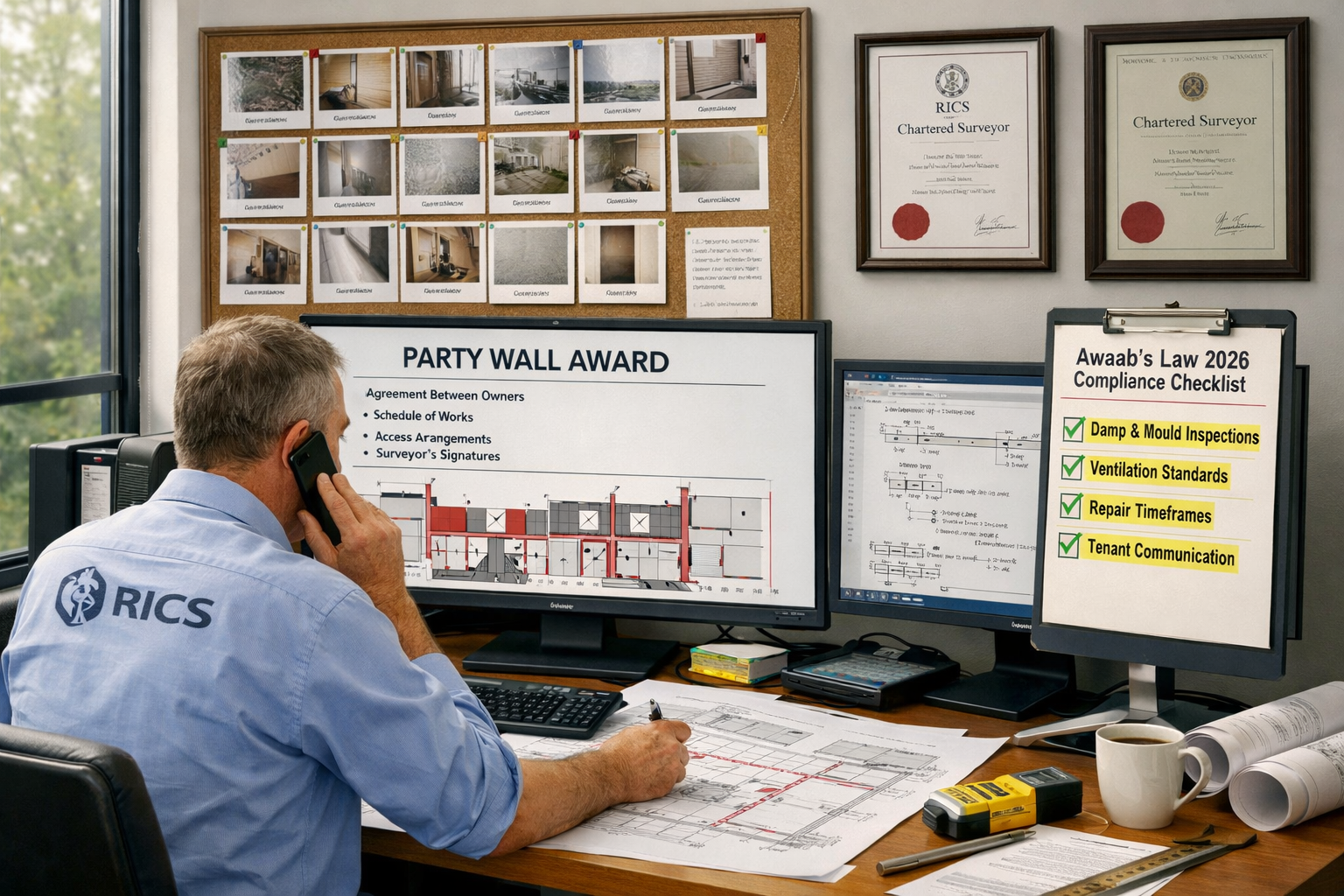 () modern office interior showing RICS chartered surveyor at desk reviewing party wall award documentation spread across