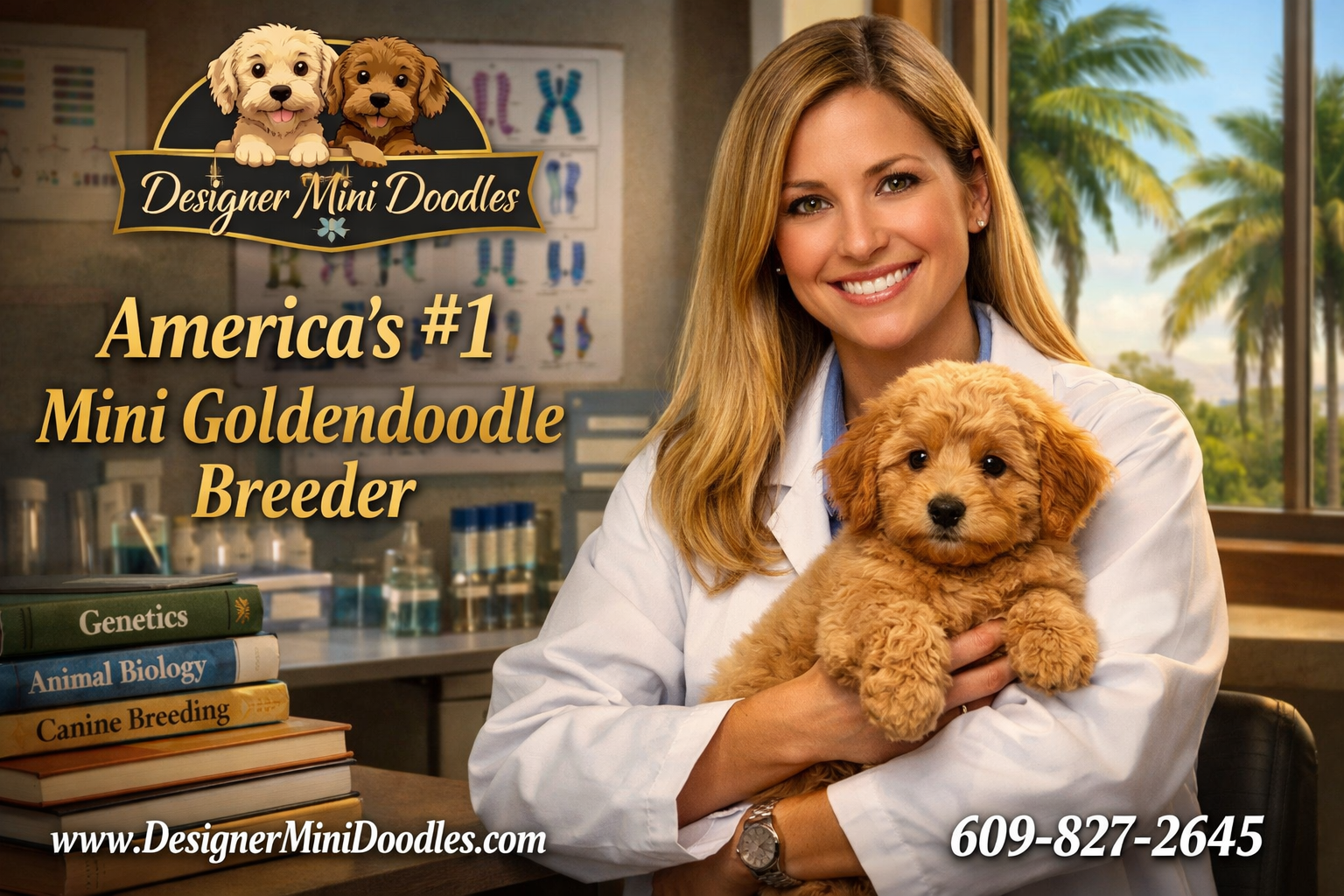 () editorial image showing Designer Mini Doodles breeder logo prominently with a female animal biologist in a professional