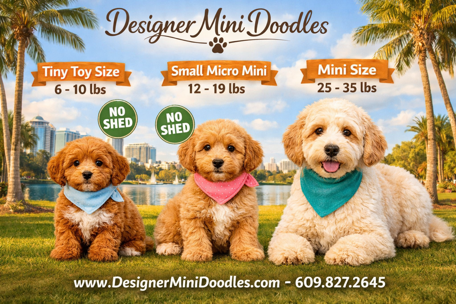 () detailed infographic-style image showing three adorable goldendoodle puppies of different sizes side by side — tiny toy