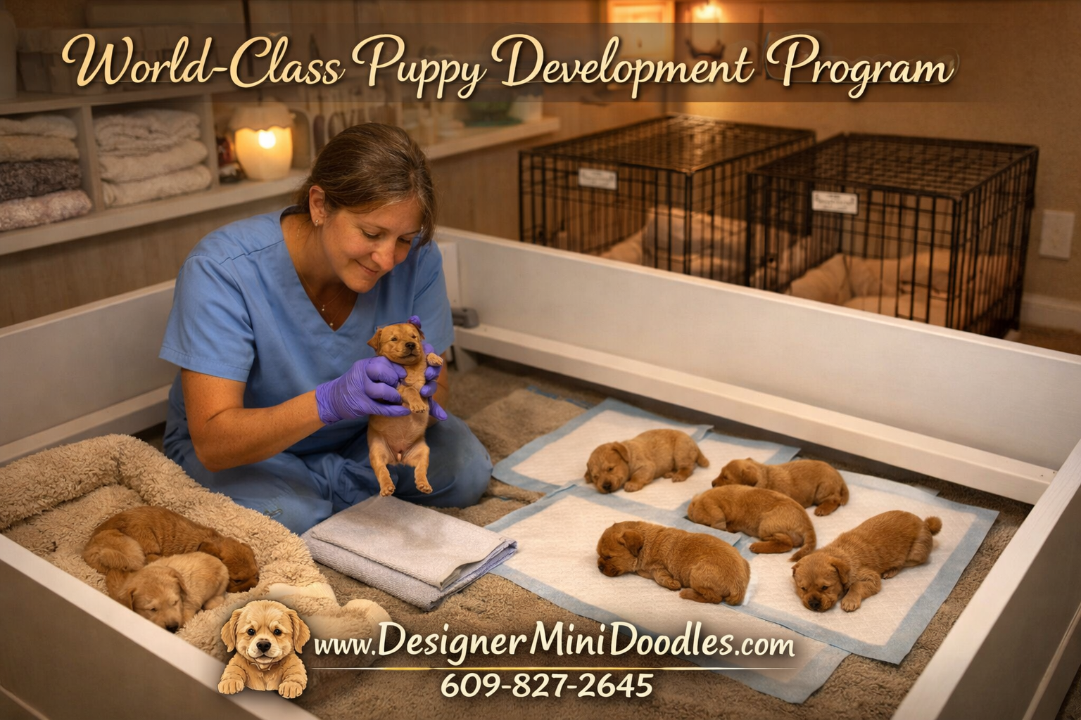 () image showing a warm professional whelping room with newborn goldendoodle puppies in a clean organized whelping box,