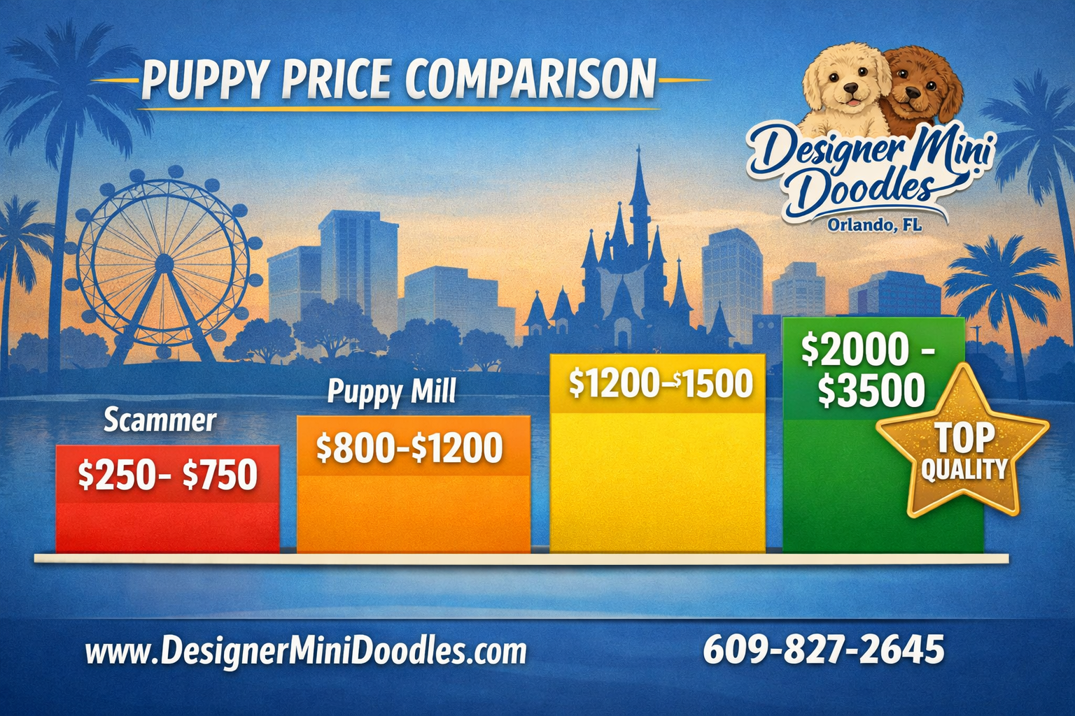 () price comparison bar chart graphic showing four price tiers: Scammer $250-$750 in red, Puppy Mill $800-Mini goldendoodle breeder price comparison chart200 in orange,