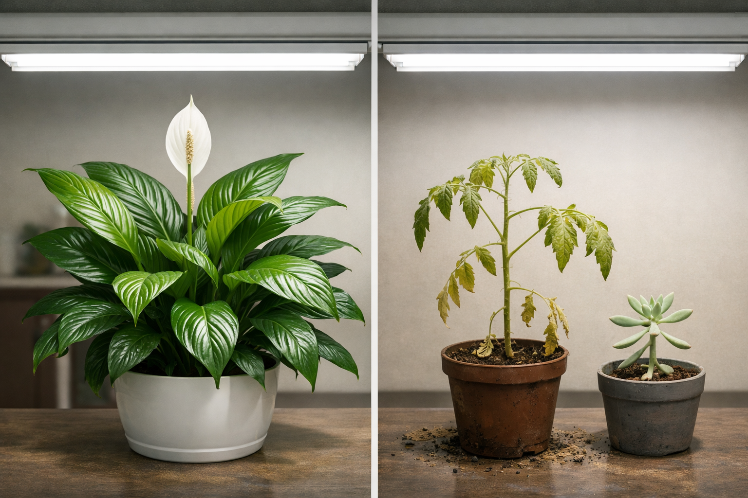 Detailed () image presenting a side-by-side comparison of different plant types under fluorescent lights. On one side, a