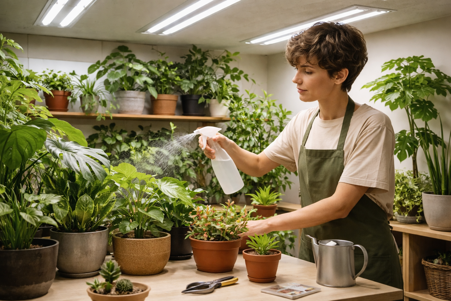 Detailed () image depicting a person (gender-neutral) tending to indoor plants under fluorescent lights in a home or office