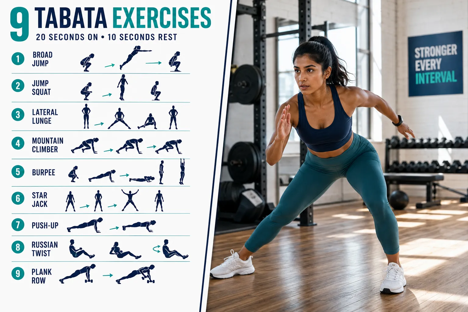 Split-screen landscape editorial image (1536x1024): left half shows a numbered step-by-step illustrated flow of 9 Tabata exercises arranged vertically — small silhouette figures demonstrating broad jump, jump squat, lateral lunge, mountain climber, burpee, star jack, push-up, Russian twist, plank row — each with a short 2-4 word label and a step number in a teal circle; right half shows a bright gym environment with natural light, wooden floor, and a female athlete of South Asian descent mid-exercise. Bold navy and teal palette, clean white panel divider, editorial quality, no duplicate compositions from other images. 9 Tabata Exercises: For a Quick Workout You Can Do Anywhere