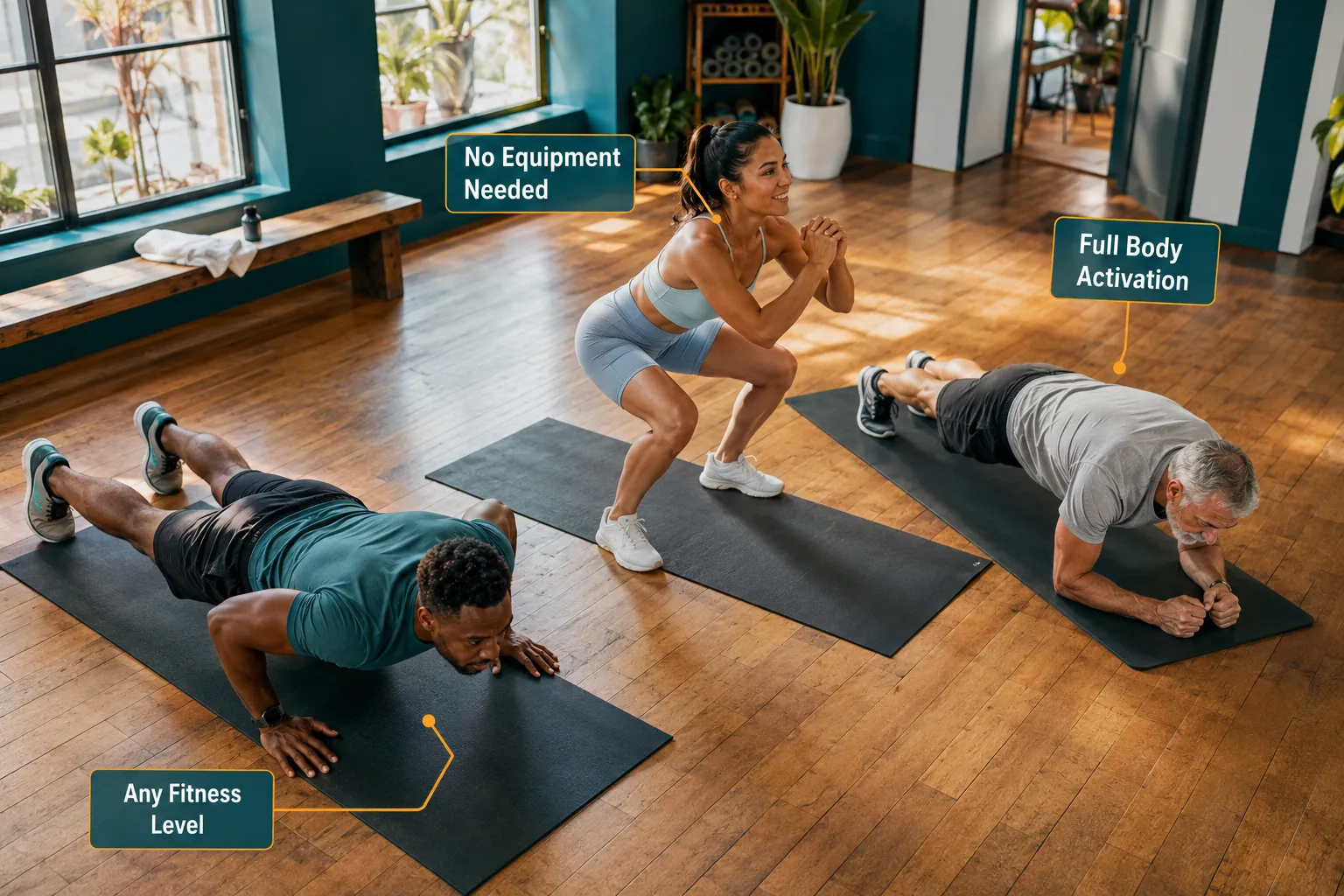 Cinematic documentary-style editorial photograph (1536x1024) showing a diverse small group fitness class of three people — one Black male athlete, one Latina woman, one older white male — performing simultaneous bodyweight exercises on yoga mats in a bright community fitness studio with large windows and natural light. Overhead angle, wide shot capturing all three in different exercise positions (push-up, squat, plank). Annotated with three short callout labels: 'No Equipment Needed', 'Full Body Activation', 'Any Fitness Level'. Warm natural light, vibrant and energetic mood, magazine editorial quality, teal and amber accent tones. The Mental Side of 4 Minutes: Why Tabata Works and Why It Lasts