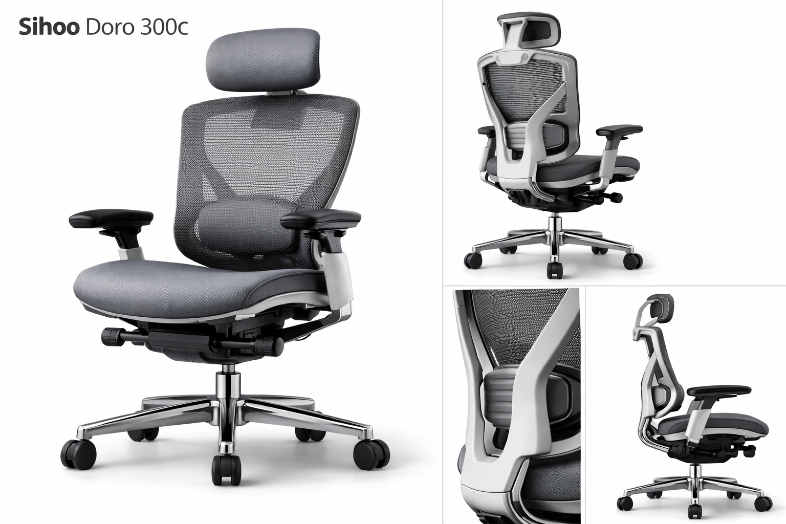Detailed showcase of the Sihoo Doro 300c ergonomic office chair highlighting its main design profile, mesh backrest, and