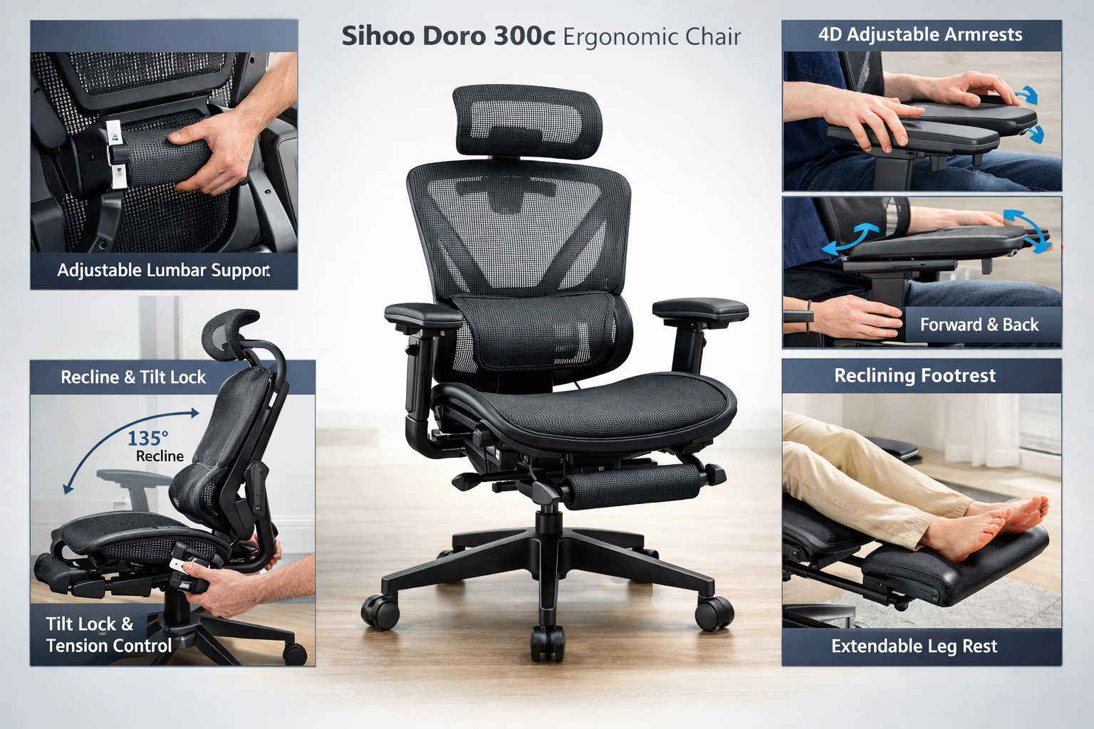 Detailed showcase of the Sihoo Doro 300c ergonomic office chair highlighting key features in action including lumbar support