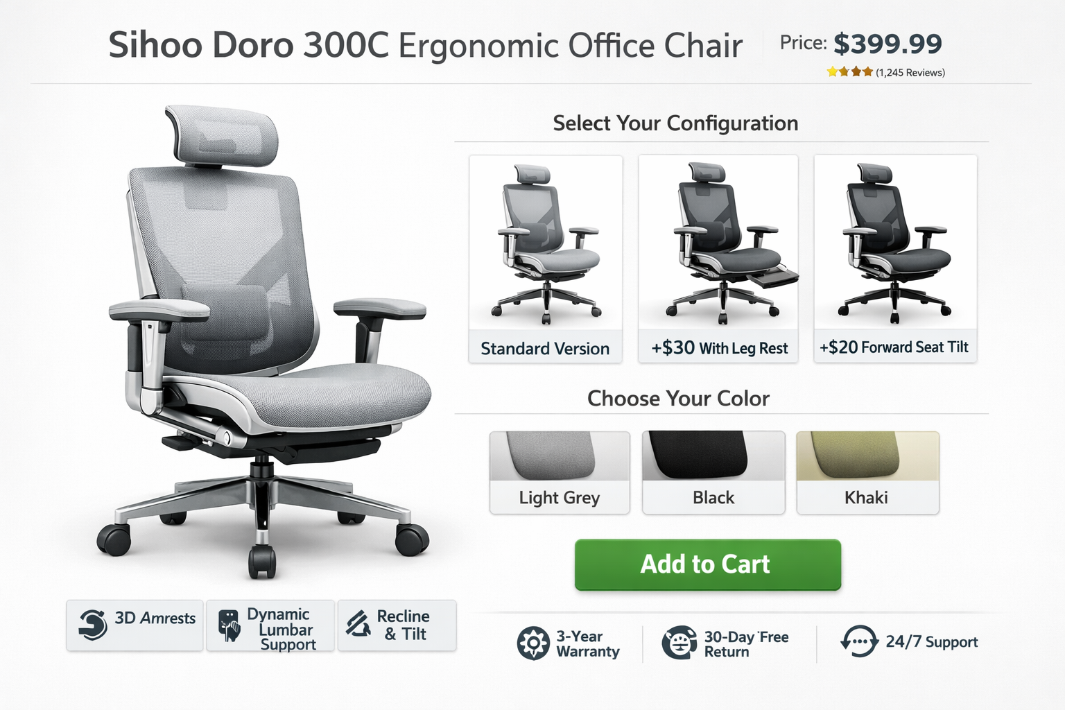 Detailed showcase of the Sihoo Doro 300c ergonomic office chair highlighting its pricing, color options, and available