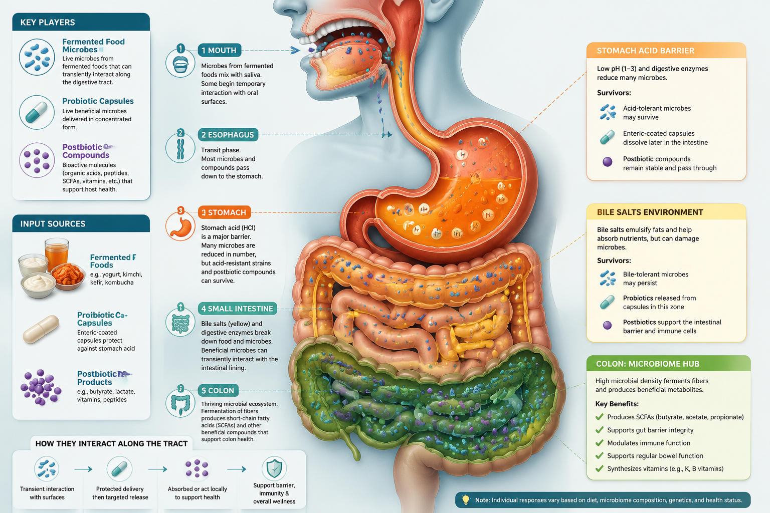 Detailed () scientific diagram illustration showing a cross-section of the human digestive tract from mouth to colon, with