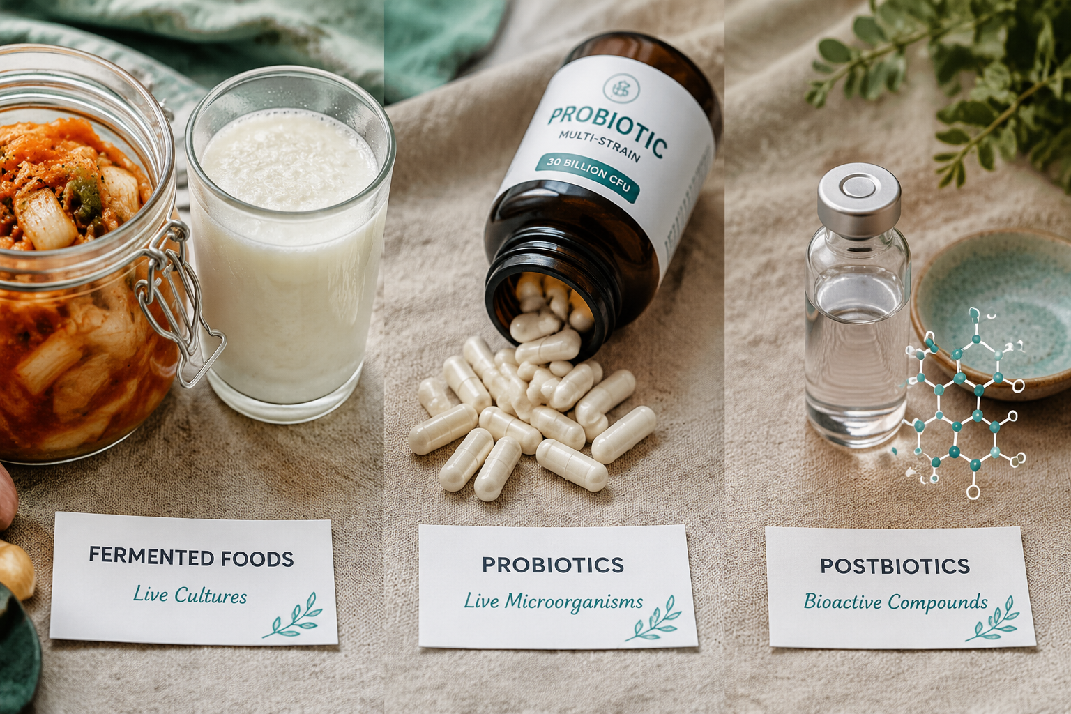 () close-up overhead shot of three distinct groups arranged side by side on a natural linen surface: left group shows