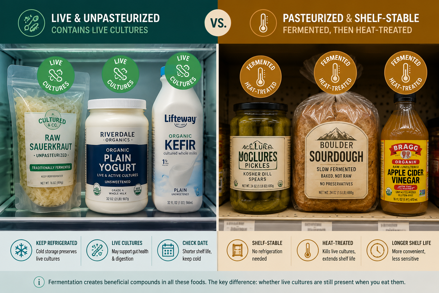 () split-panel comparison visual: left panel shows a refrigerated shelf with unpasteurized sauerkraut, live-culture yogurt,