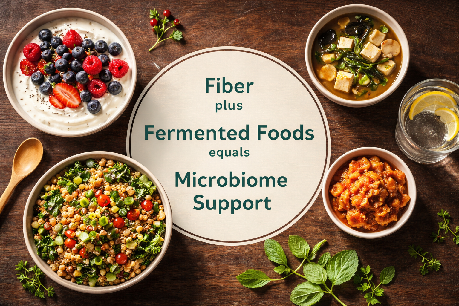 () top-down flat-lay of a balanced gut-health meal spread on a dark wooden table: a bowl of plain yogurt topped with
