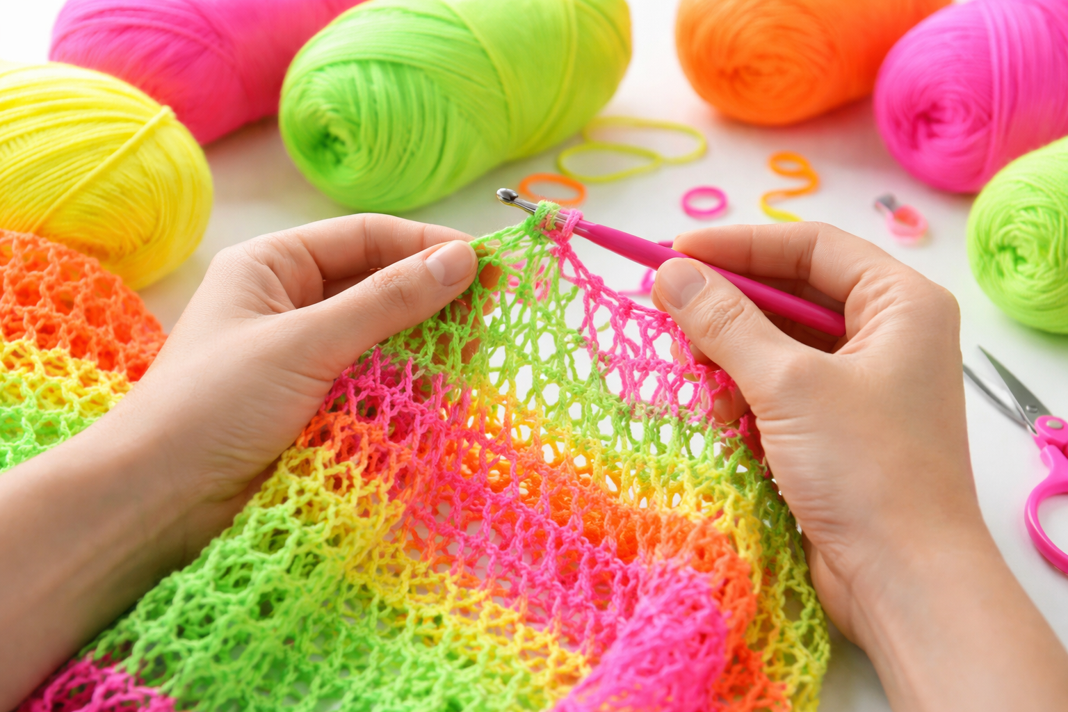 Landscape format (1536x1024) editorial image showing hands crocheting a bright neon mesh sweater with visible mesh stitch pattern, colorful