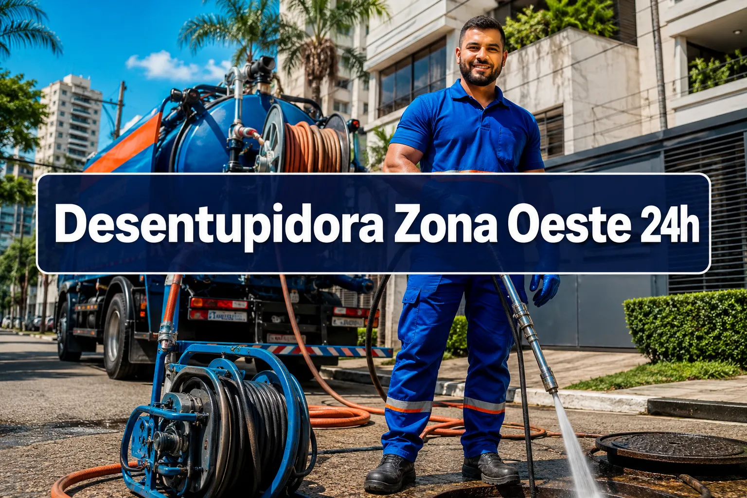 Professional () hero image with (≤42 chars): 'Desentupidora Zona Oeste 24h', white on a deep navy semi-transparent panel,