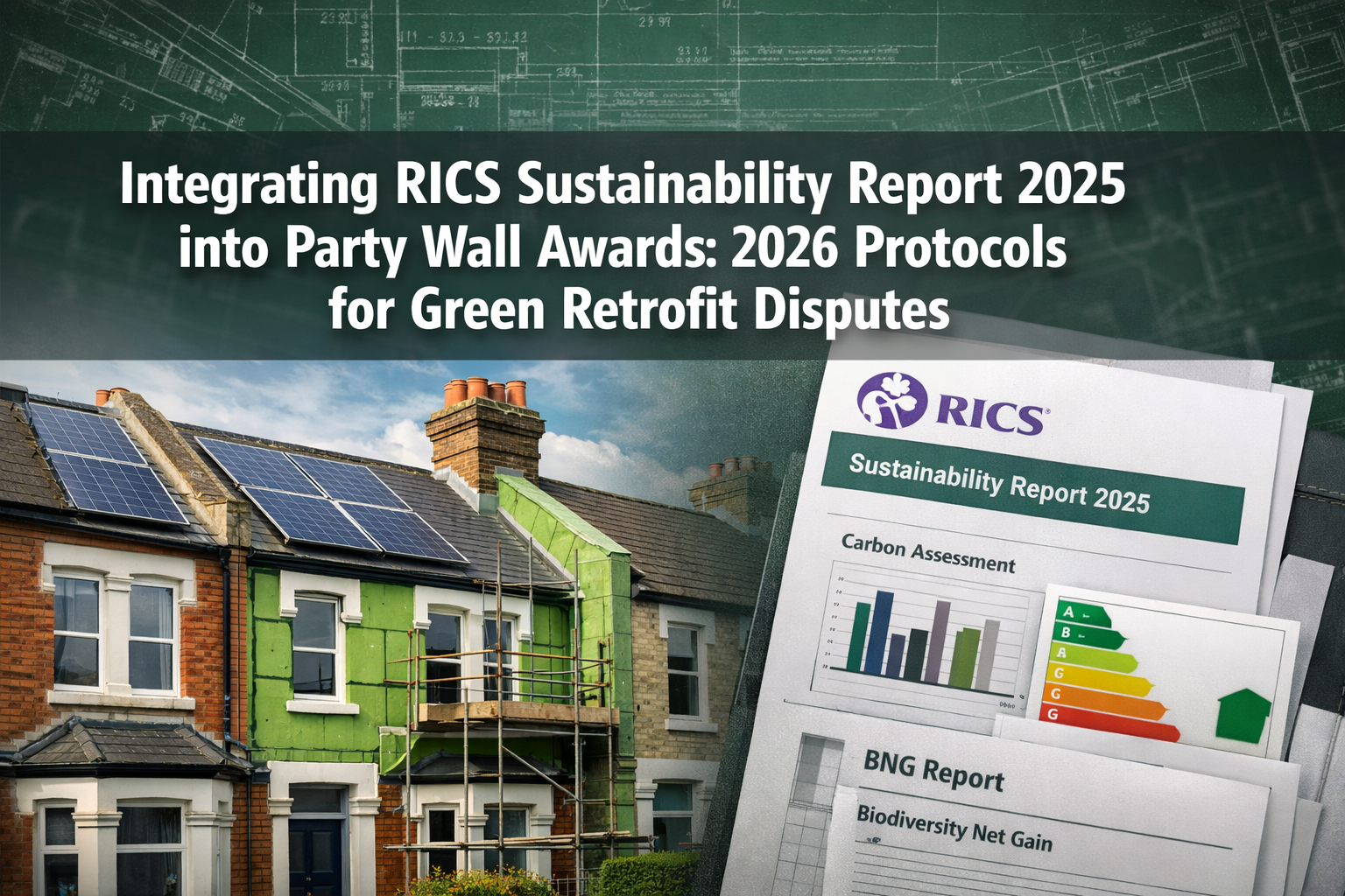 Professional () hero image with 'Integrating RICS Sustainability Report 2025 into Party Wall Awards: 2026 Protocols for